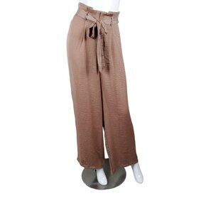 Hello Nite Chic Brown Wide-Leg Soft Paperbag Pants With Tie Belt Size Small